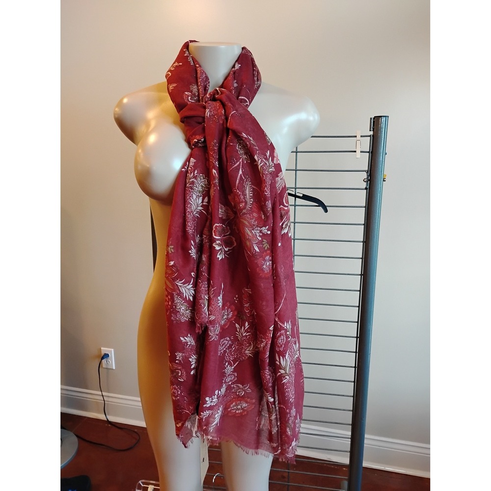 Melifluos Women Burgundy Floral Paisley Viscose Scarf Wrap Shawl Frayed Edge NWT